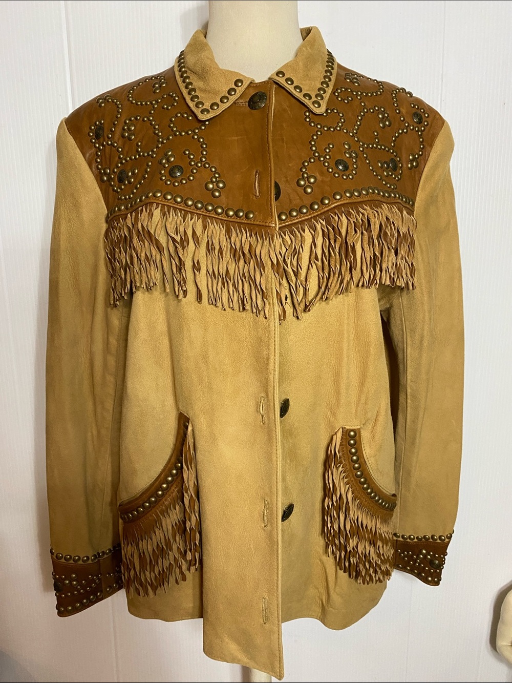 Women's Tan Suede Fringe Jacket with Stud Details Genuine Leather